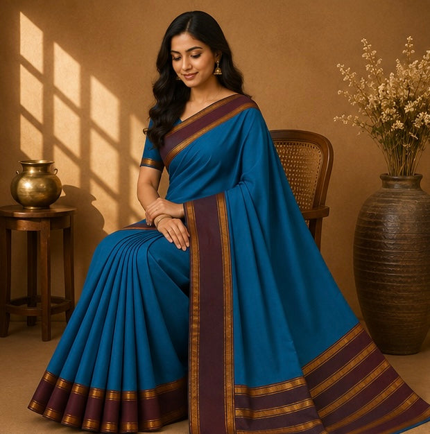 Soft Silk Saree with Traditional Zari Border | Blue