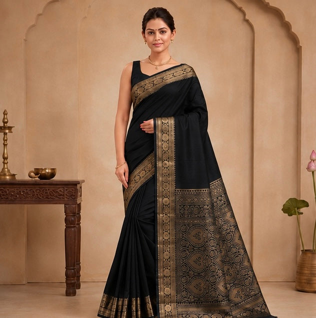 Deep Olive Silk Woven Saree with Antique Zari Pallu
