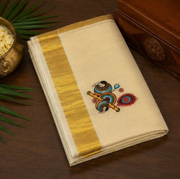 Off White Cotton Saree with Krishna Flute & Peacock Feather Design