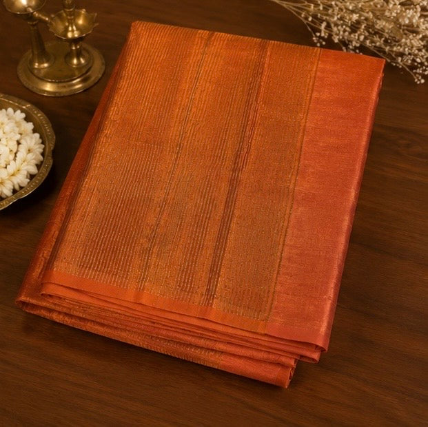 Copper Orange Soft Silk Saree with Elegant Gold Striped Weaving & Rich Zari Border