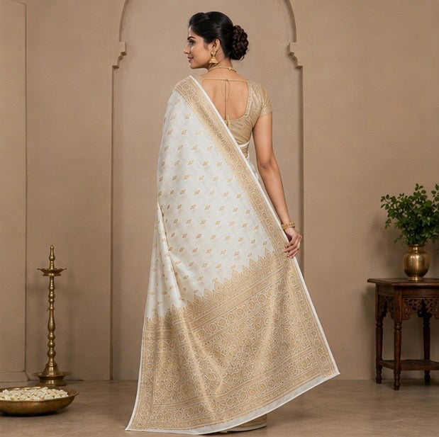 Ivory Gold Regal Floral Zari Woven Saree