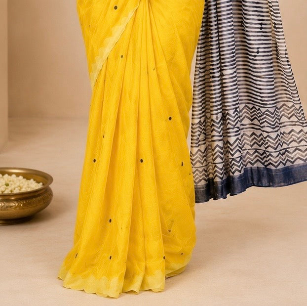 Bright Yellow Cotton Saree with Printed Pallu