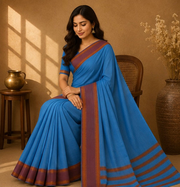 Soft Silk Saree with Traditional Zari Border | Sky Blue