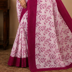 Premium Baby Pink Leaf Print Saree with Magenta Designer Border