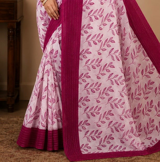 Premium Baby Pink Leaf Print Saree with Magenta Designer Border