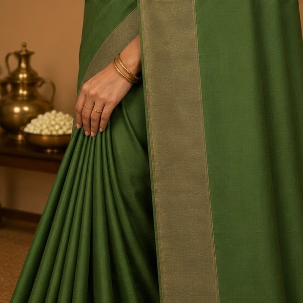 Premium Plain Soft Silk Saree with Elegant Gold Line Pallu & Self Zari Border | Olive Green
