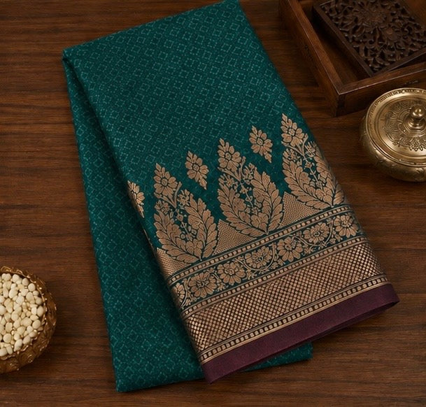 Deep Teal Green Silk Woven Saree with Antique Gold Border