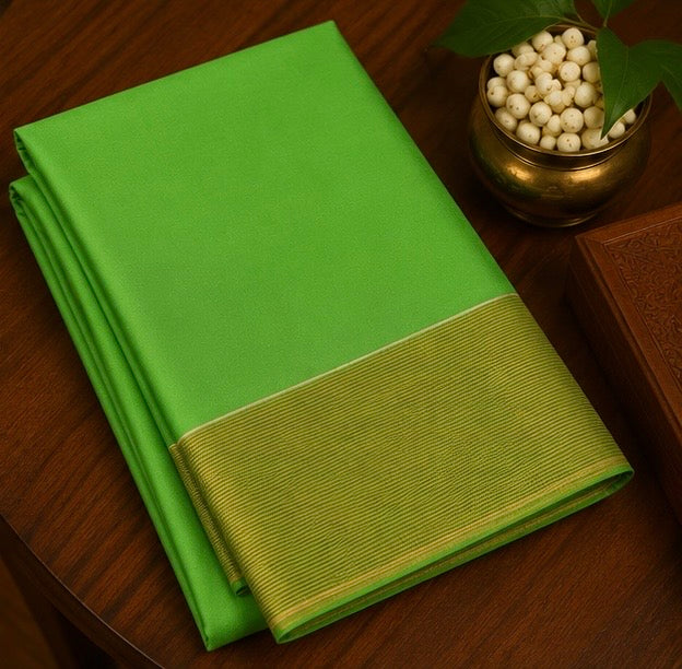 Premium Plain Soft Silk Saree with Elegant Gold Line Pallu & Self Zari Border | Mint Green