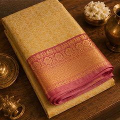 Premium Golden Beige Banarasi Silk Saree with Pink Zari Border