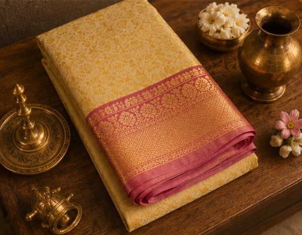 Premium Golden Beige Banarasi Silk Saree with Pink Zari Border