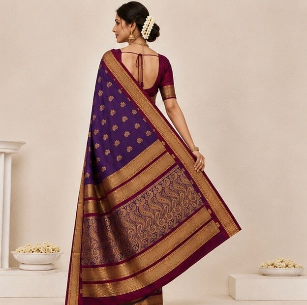 Deep Purple Paithani Silk Saree with Woven Peacock Motifs