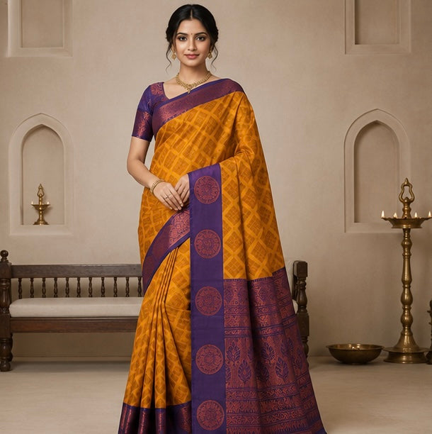 Golden Orange Woven Silk Saree with Deep Purple Brocade Border