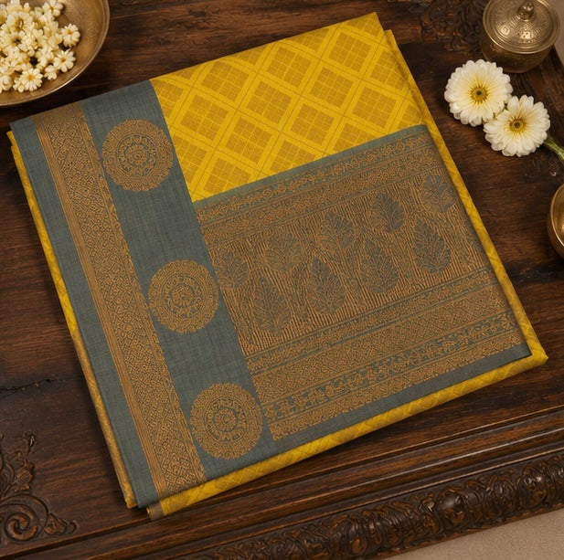 Mustard Yellow Woven Silk Saree with Sage Green Contrast Border