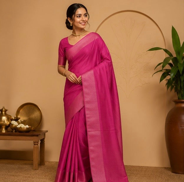 Premium Plain Soft Silk Saree with Elegant Gold Line Pallu & Self Zari Border | Rani Pink