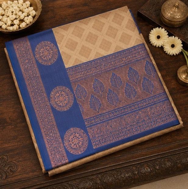 Cream Beige Woven Silk Saree with Royal Blue Brocade Border