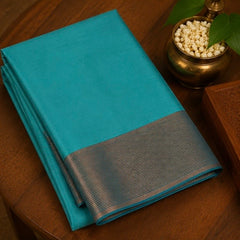 Premium Plain Soft Silk Saree with Elegant Gold Line Pallu & Self Zari Border | Peacock Blue