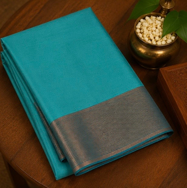 Premium Plain Soft Silk Saree with Elegant Gold Line Pallu & Self Zari Border | Peacock Blue