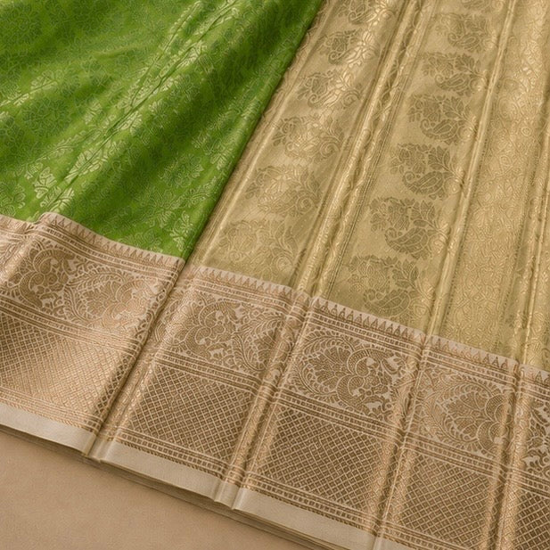Parrot Green Floral Woven Silk Saree with Zari Border