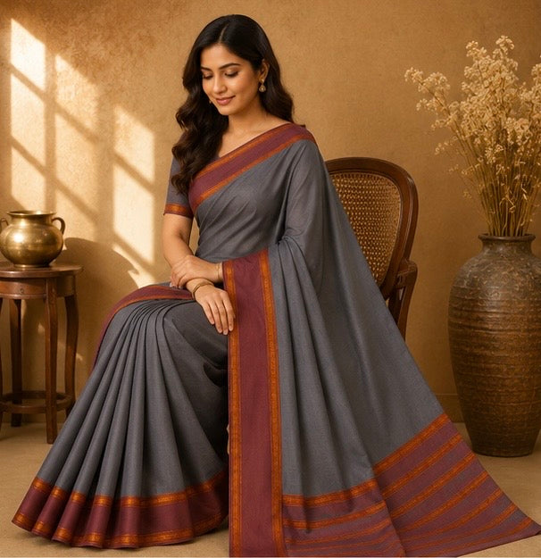 Soft Silk Saree with Traditional Zari Border | Grey