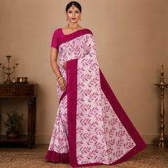 Premium Baby Pink Leaf Print Saree with Magenta Designer Border