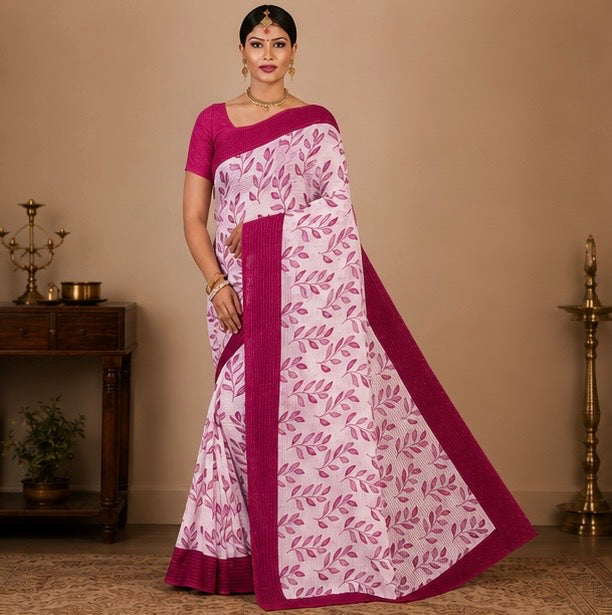 Premium Baby Pink Leaf Print Saree with Magenta Designer Border