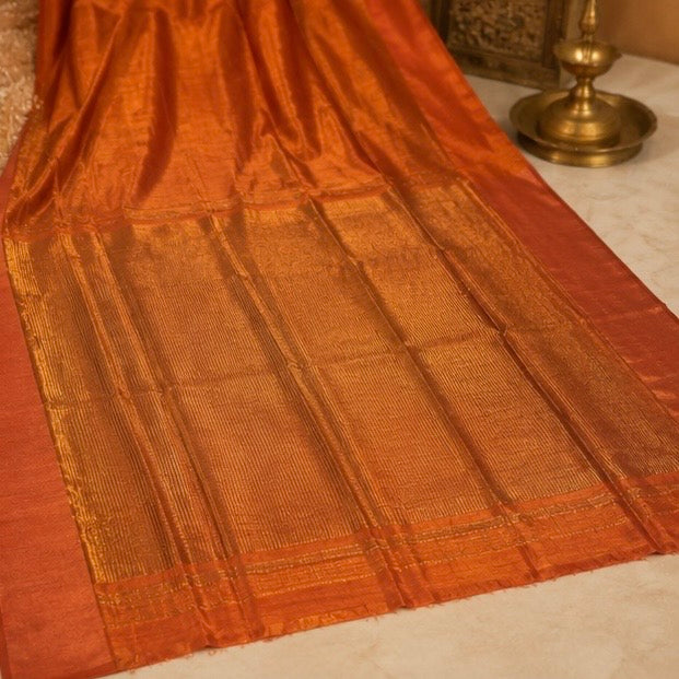 Copper Orange Soft Silk Saree with Elegant Gold Striped Weaving & Rich Zari Border