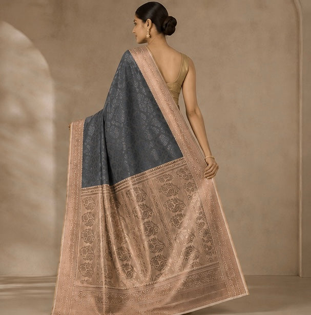 Grey Floral Woven Silk Saree with Zari Border