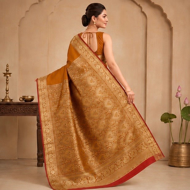 Mustard Gold Silk Saree with Traditional Woven Zari Pallu