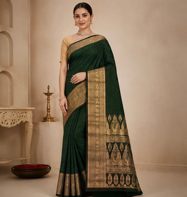 Deep Forest Green Silk Woven Saree with Antique Gold Border