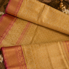 Premium Golden Beige Banarasi Silk Saree with Pink Zari Border