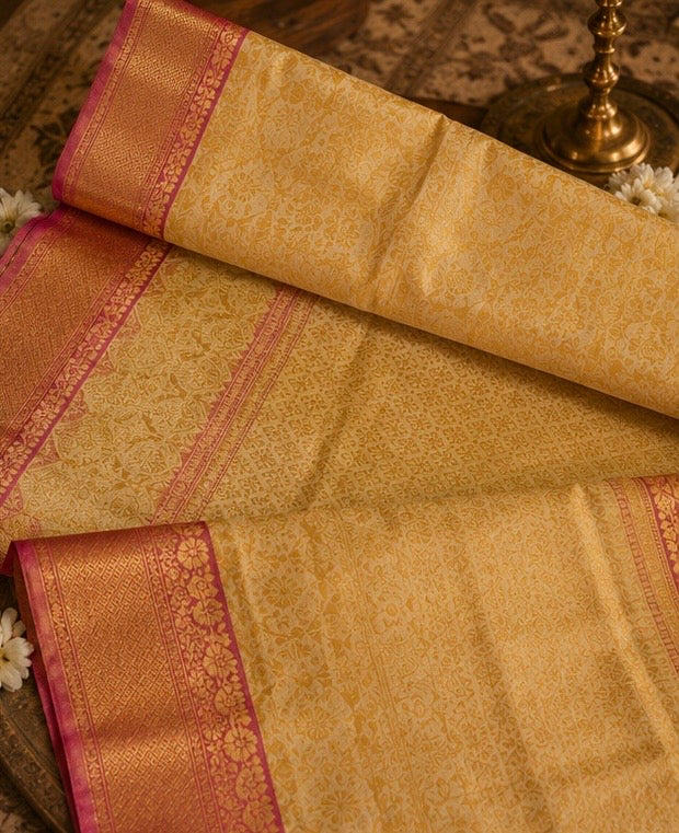 Premium Golden Beige Banarasi Silk Saree with Pink Zari Border