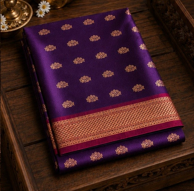 Deep Purple Paithani Silk Saree with Woven Peacock Motifs