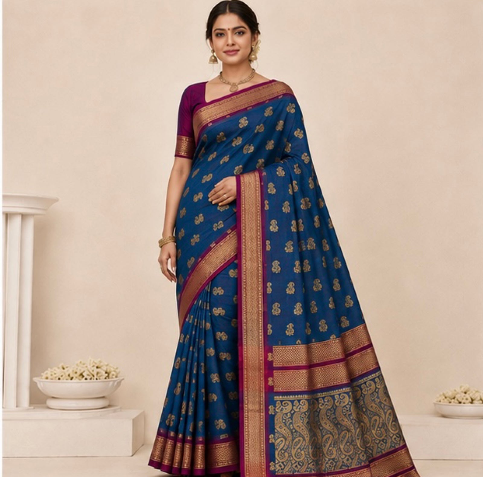 Blue Paithani Silk Saree with Woven Peacock Motifs
