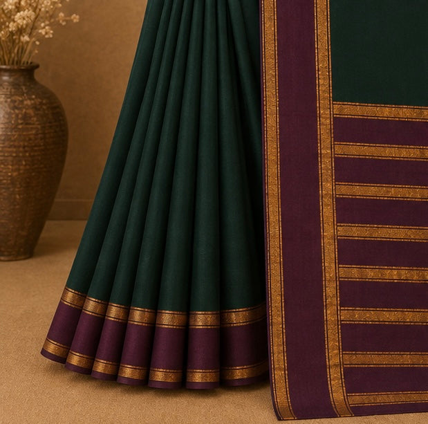 Soft Silk Saree with Traditional Zari Border | Dark Green