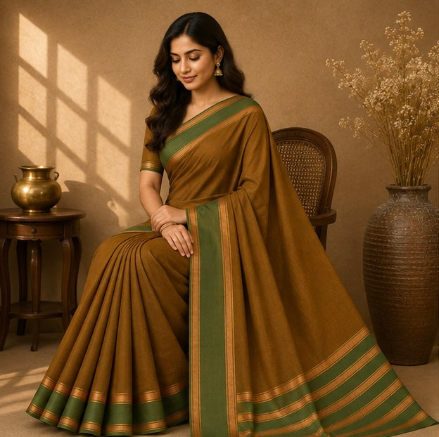 Soft Silk Saree with Traditional Zari Border | Brown