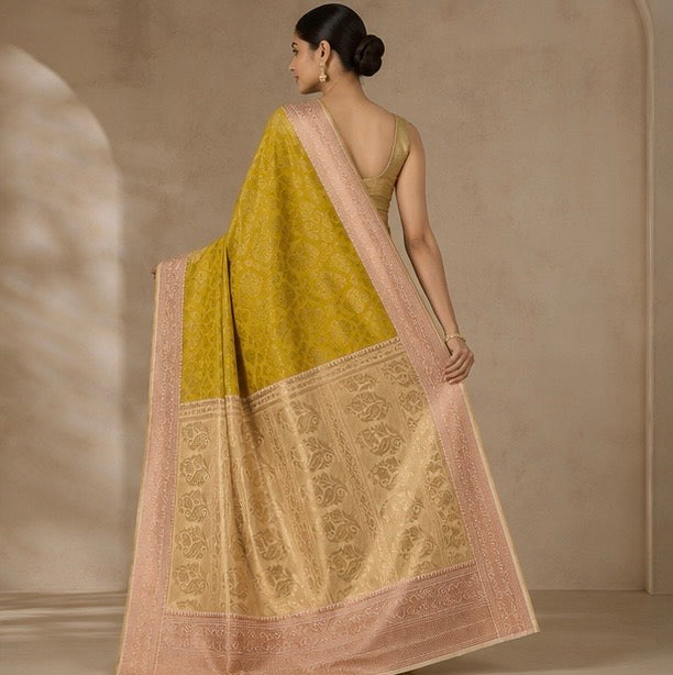 Mustard Yellow Floral Woven Silk Saree with Zari Border