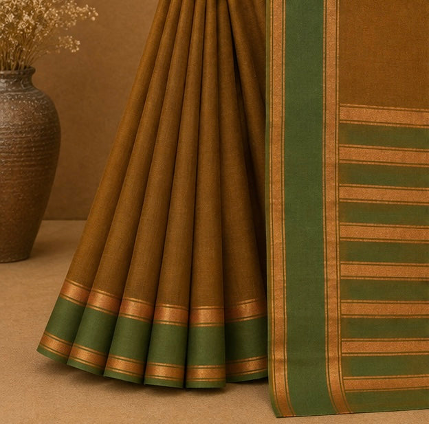 Soft Silk Saree with Traditional Zari Border | Brown