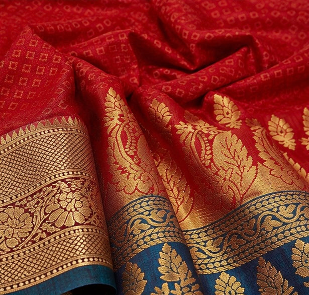 Crimson Red Silk Woven Saree with Antique Gold Zari Border
