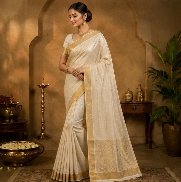 Off White Cotton Saree with Gold Zari Stripes & Traditional Peacock Pallu Design