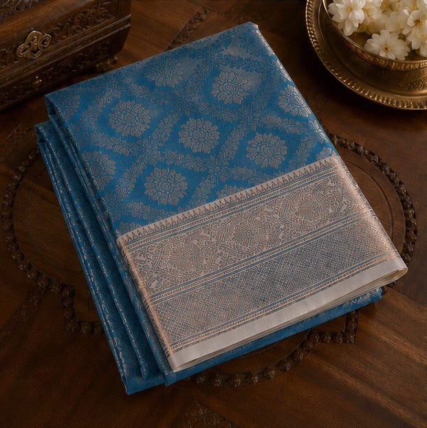 Royal Blue Floral Woven Silk Saree with Zari Border