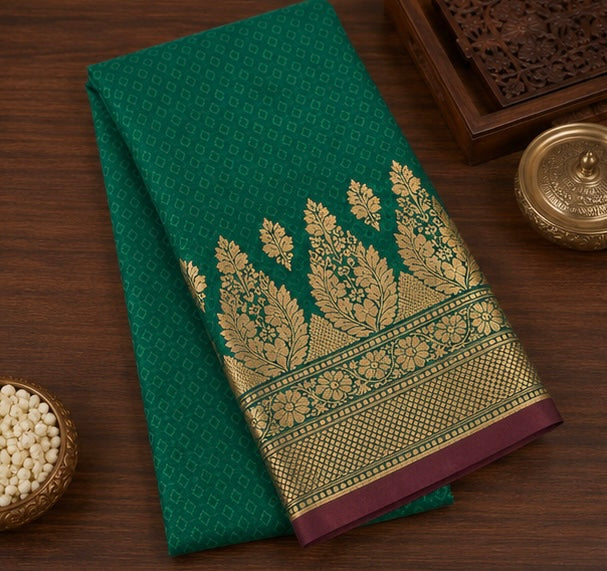 Emerald Green Silk Woven Saree with Gold Floral Zari Border