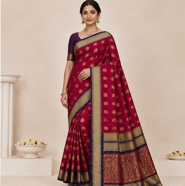 Red Paithani Silk Saree with Woven Peacock Motifs