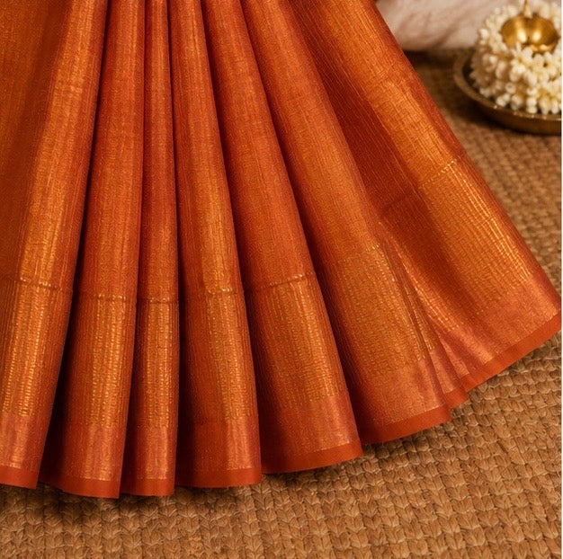 Copper Orange Soft Silk Saree with Elegant Gold Striped Weaving & Rich Zari Border