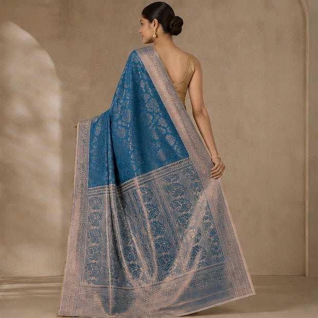 Royal Blue Floral Woven Silk Saree with Zari Border