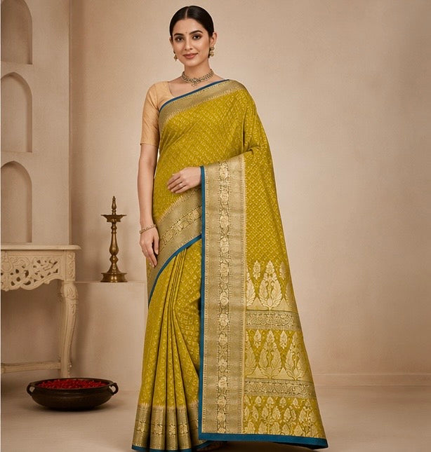 Mustard Yellow Silk Woven Saree with Traditional Gold Zari Border