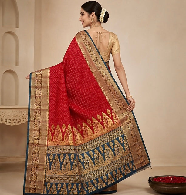 Crimson Red Silk Woven Saree with Antique Gold Zari Border