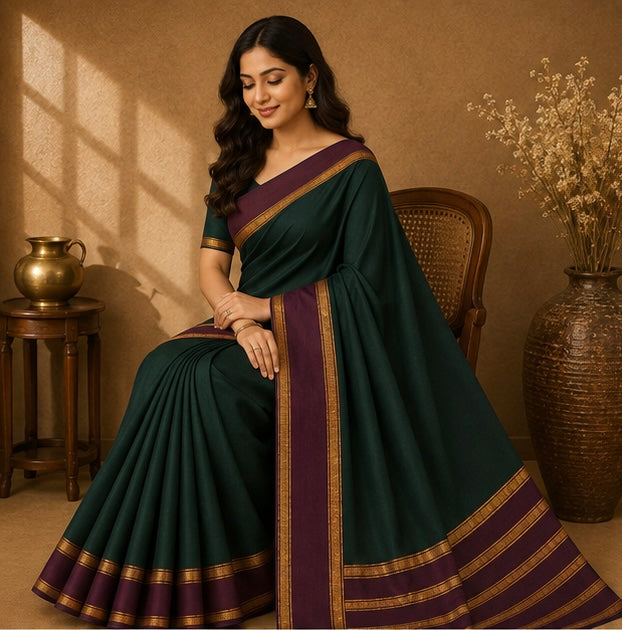 Soft Silk Saree with Traditional Zari Border | Dark Green