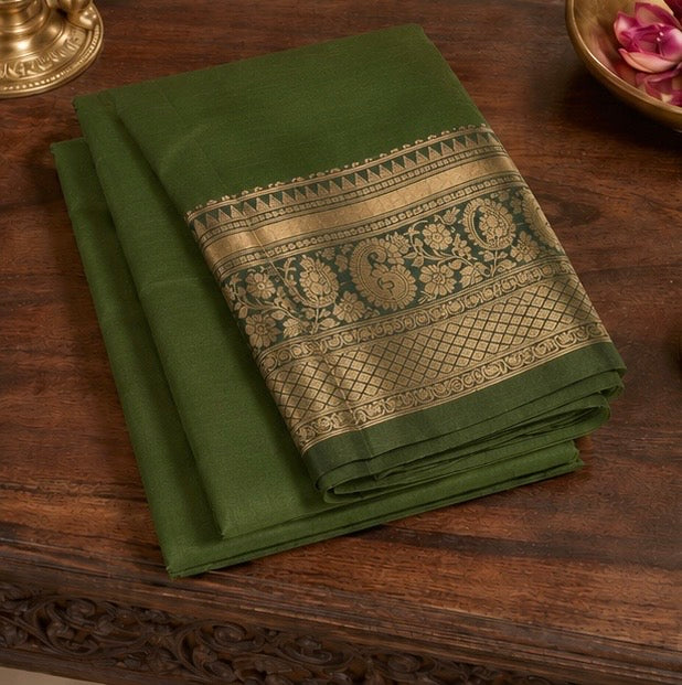 Olive Green Silk Woven Saree with Zari Pallu