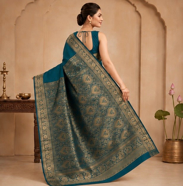 Teal Blue Silk Woven Saree with Zari Pallu