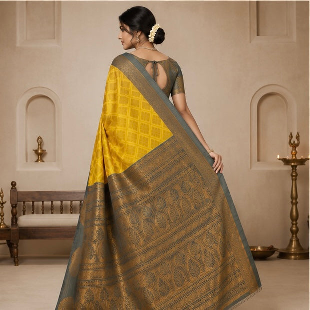 Mustard Yellow Woven Silk Saree with Sage Green Contrast Border